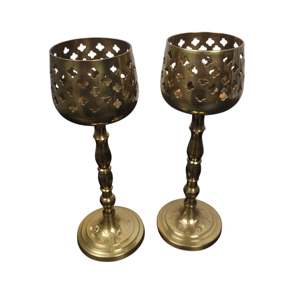 Vintage Brass Goblet Chalice Stemmed 8.75" Candle Holders Set Of 2 Home Decor